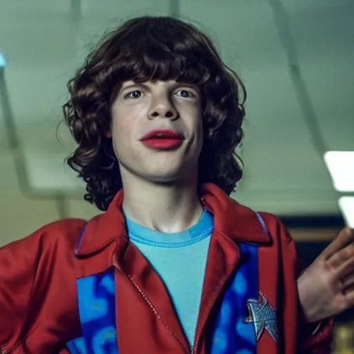 Prompt: Mick Jagger as Dustin in Stranger Things, red and blue light