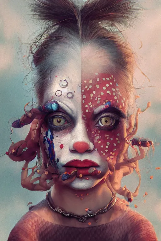 Image similar to breathtaking detailed painting of clown girl , with anxious, piercing eyes, Atari game cover art by Hsiao-Ron Cheng, James jean, Miho Hirano, Hayao Miyazaki, extremely moody lighting, hyperrealistic, octane render, RPG portrait, ambient light, dynamic lighting