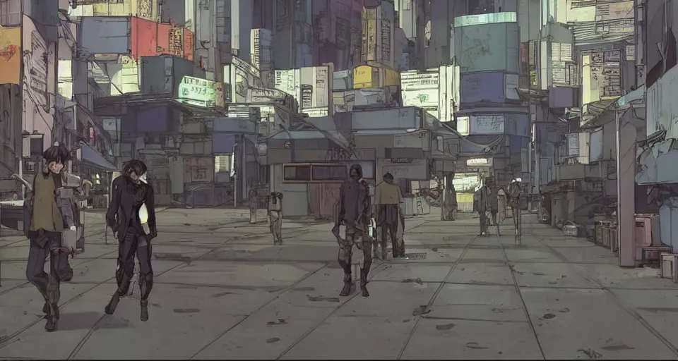 Image similar to Scene within the location called 'Public security section 9'. interior environment bg. Screenshot from an episode of the anime 'Ghost in the shell: Stand Alone Complex' (2003). Produced by 'Production I.G'. Original manga by Masamune Shirow. Art direction by Kazuki Higashiji and Yuusuke Takeda.