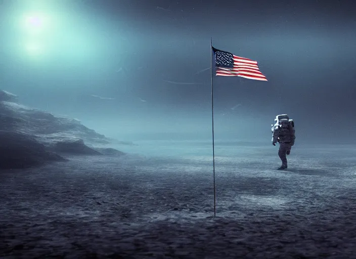 Image similar to astronaut holding a flag in an underwater desert. a submarine is visible in the distance. dark, concept art, cinematic, dramatic, atmospheric, 8 k, trending on artstation, blue, fish, low visibility, fog, ocean floor, christopher nolan, interstellar