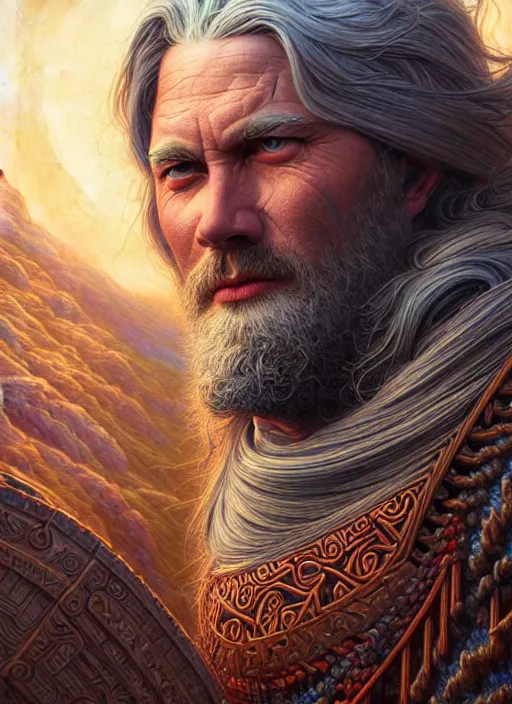 Prompt: portrait of god of thunder, hyper detailed masterpiece, mountain background, jean giraud, digital art painting, epic aesthetic, norse, artgerm, donato giancola and tom bagshaw