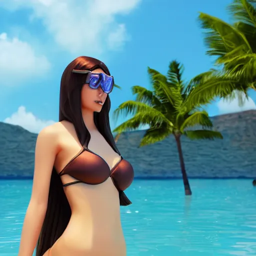 Image similar to beautiful render of pool party Caitlyn (league of legends) looking at the horizon in a hawaii beach, 3d, octane render, realistic, highly detailed, trending on artstation