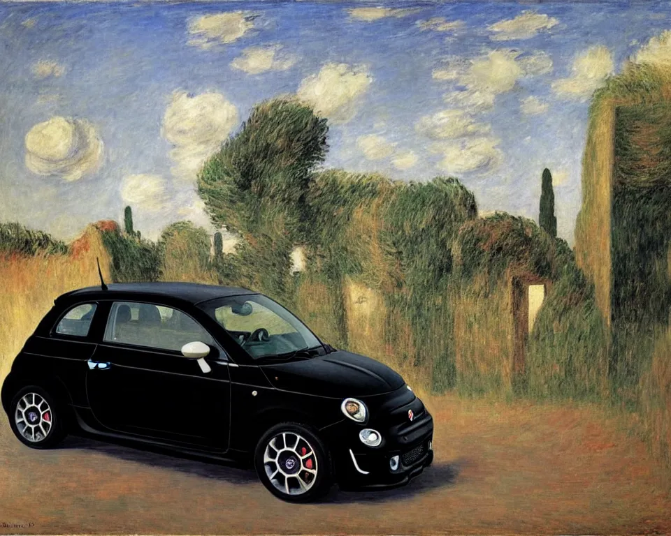 Prompt: achingly beautiful painting of a black 2 0 1 3 fiat 5 0 0 abarth by rene magritte, monet, and turner.