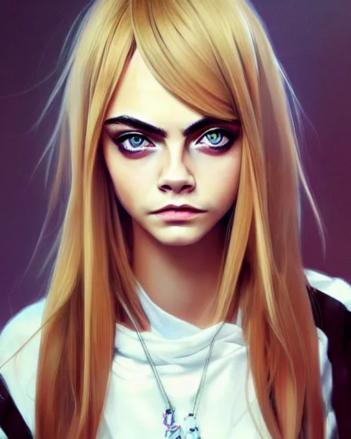 Image similar to portrait of Cara Delevingne as Anime girl cute-fine-face, full body! pretty face, realistic shaded Perfect face, fine details. Anime. realistic shaded lighting by Ilya Kuvshinov Giuseppe Dangelico Pino and Michael Garmash and Rob Rey