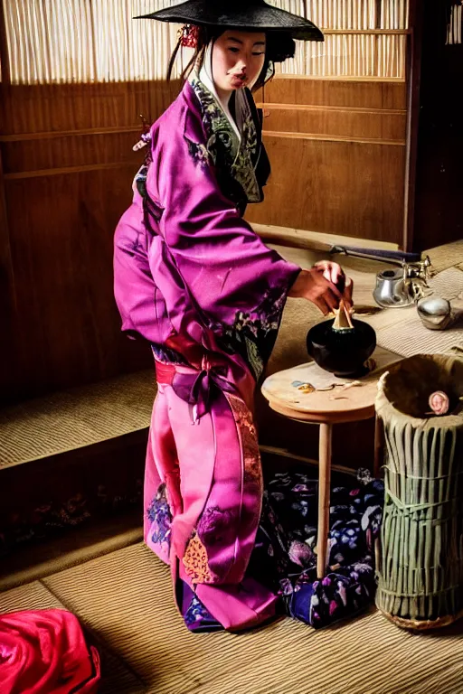 Image similar to photo of a witch, young woman, preparing potion, high heels, japanese kimono