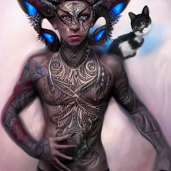 Prompt: boy with cat ears and tail covered in tribal body paint, fantasy artwork, award winning, very very very very very very very very very very very very very very beautiful, hyper detailed, studio lighting, artstation