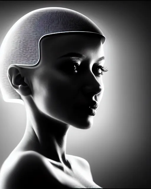 Image similar to black and white dreamy young beautiful female nuclear - cyborg high quality portrait photo, microchip skin, artificial intelligence, cinematic, rim light, photo - realistic, elegant, high detail, 8 k, masterpiece, high fashion, photo taken in 1 9 3 0