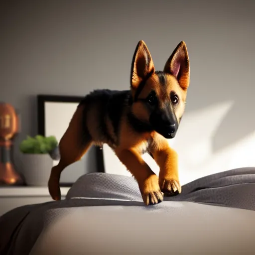 Image similar to in my bedroom my gsd puppy gets the zoomies and jumps around on the bed that has a color comforter, high energy, frenetic craziness, running, jumping, chasing, 3 d octane render, imax 7 0 mm, rtx,