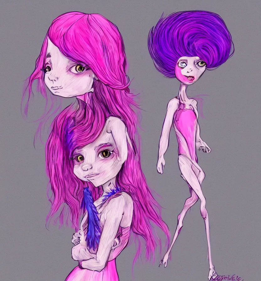 Image similar to little girl with eccentric pink hair wearing a dress made of purple feathers, anatomically perfect, concept art, cartoon art style