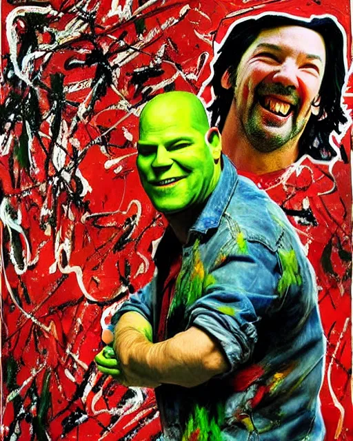 Image similar to jackson pollock painting of keanu reeves and shrek