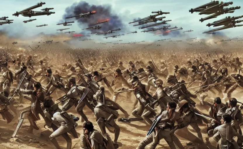 Image similar to liberty leading the people, battle of geonosis, french revolution, jedi, blaster, tie fighters, x - wings