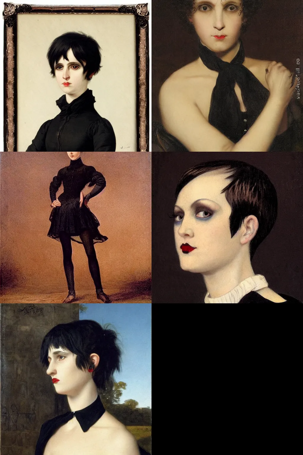 Prompt: goth painted by jacques - laurent agasse. high - quality character portrait. short dark brown messy pixie haircut, large black eyes, slightly rounded face, pointed chin, small nose, black tank top, black leather jacket, black knee - length skirt, black choker.