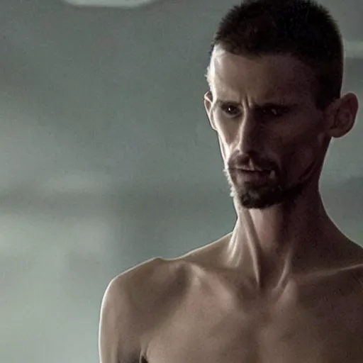 Prompt: still of scrawny Dwanye Johnson having lost 150 pounds in The Machinist remake 2029