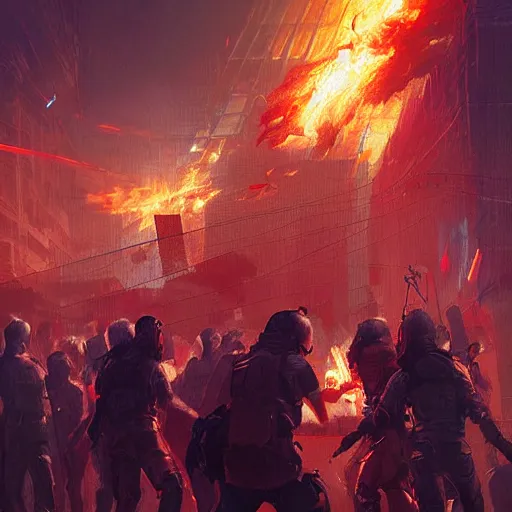 Image similar to human rights riot, detailed digital illustration by greg rutkowski, fire, android netrunner