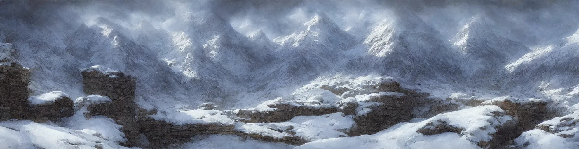 Prompt: beautiful painting of mountain landscape covered in snow by john howe, fantasy