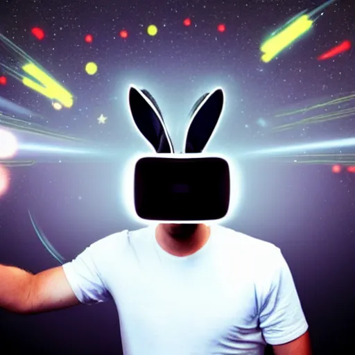 Image similar to a rabbit wearing a virtual reality head-mounted-display, digital portrait, black background with stars