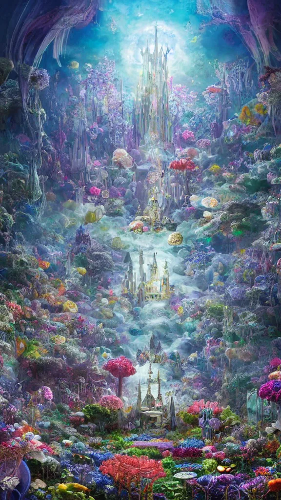 Image similar to a centered render of intricate modular synthesizer of alice in wonderland, shining its light across a tumultuous sea of flowers, undersea animals and gothic crystal church by dorothea tanning and salvador dali, trending on artstation, cyber punk, high contrast, unreal engine, high detailed, 8 k