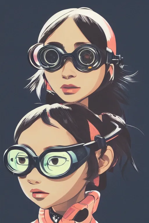 Prompt: face of a beautiful girl wearing goggles, dark skin, big hair, symmetrical, ilya kuvshinov, jamie hewlett, yoji shinkawa, muted colors, portrait, beautiful detailed illustration, 17th century oil painting, flat colors, studio ghibli, cel shading, loish, pop art,