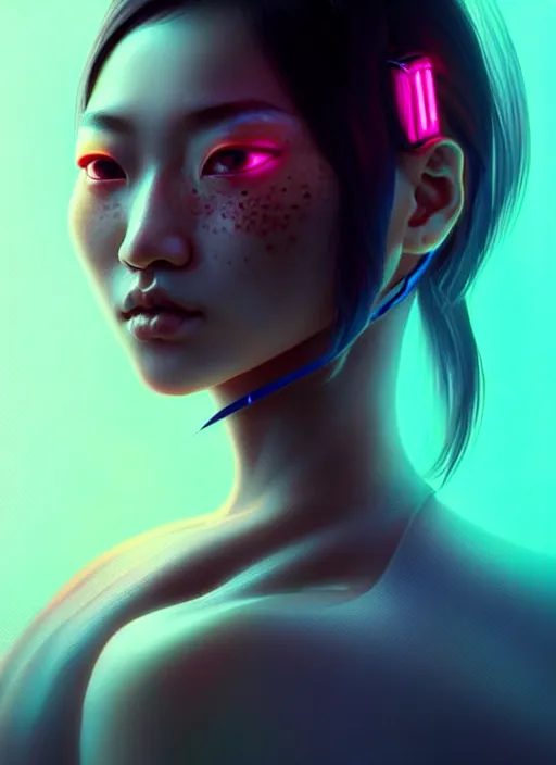 Image similar to sensual asian female humanoid with freckles, by loish, d & d, fantasy, cyber neon lighting, futurism, intricate futuristic jewelry accessories, cyberpunk high fashion, profile posing, hyper photorealistic, digital photography, artstation, pinterest, concept art, art by pascal blanche and greg rutkowski,