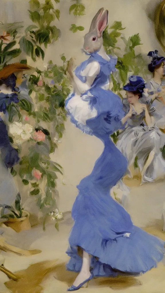 Prompt: a rabbit wear blue dress and dancing in botanical room by john singer sargent, cinematic, detailed