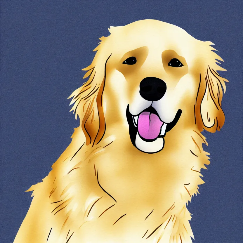 Prompt: golden retriever, full portrait, wide angle, solid white background, line art cartoon