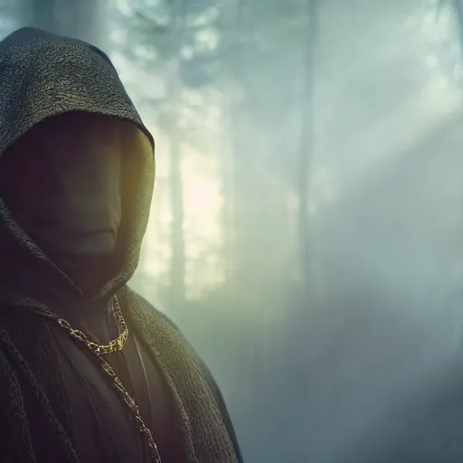 Prompt: a portrait of a man wearing a long dark cloak, hood and shadows covering face holding golden chains, oil painting, Volumetric Golden dappled dynamic lighting, Highly Detailed, Cinematic Lighting, Unreal Engine, 8k, HD
