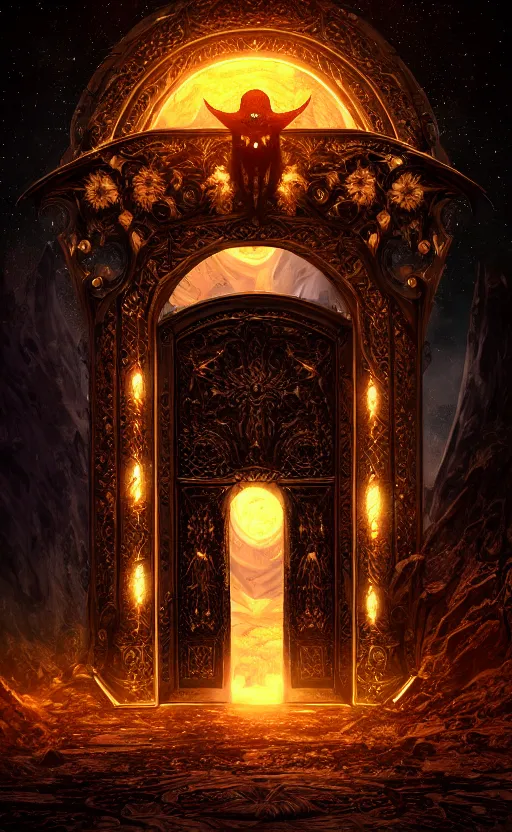 Image similar to a ornamental gate into stars a demon emerges from it, ornament, intarsia, portal, doorway, no background, dynamic lighting, ambient lighting, atmospherical, photorealistic fantasy concept art, trending on art station, stunning visuals, creative, cinematic, ultra detailed