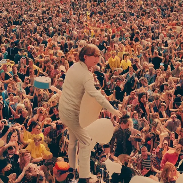 Prompt: wes anderson cinemetography, artist on stage, music festival, mosh pit, flames, spotlights, colorful laser lights, outdoors, grass, crowd of fans, cartoonist