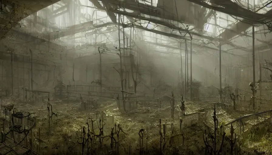 Image similar to Interior of a dusty abandoned cloning factory with cobwebs, skeletons on the floor, vegetation, light fog, hyperdetailed, artstation, cgsociety, 8k