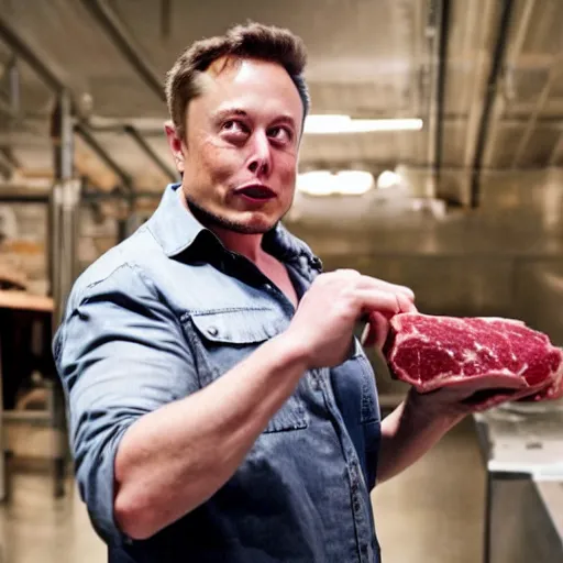 Image similar to elon musk holding a piece of meat, offering it to you