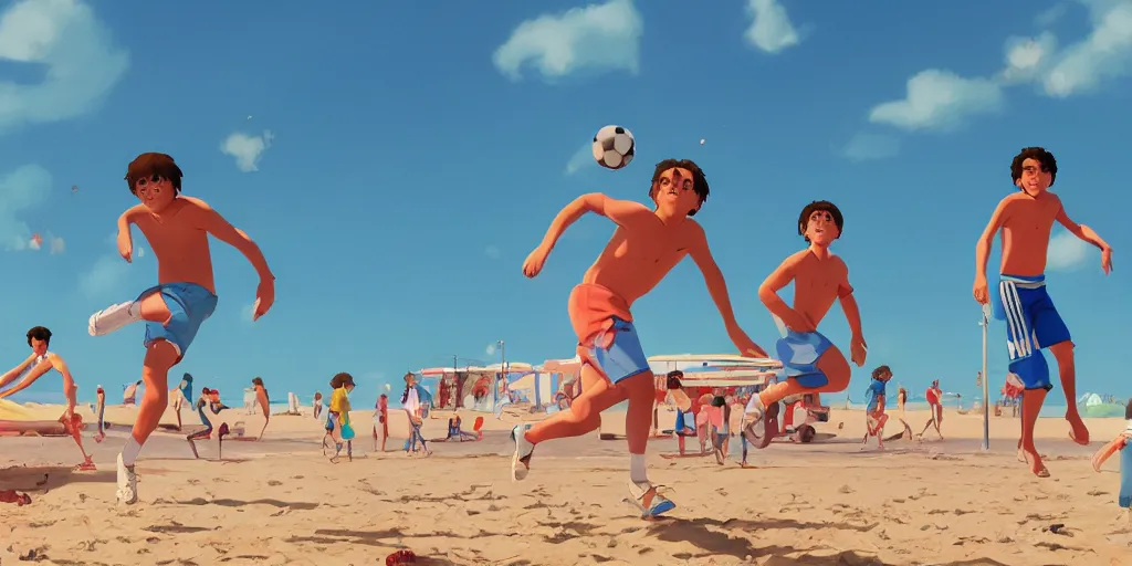 Prompt: a film still of a scene, where boys playing football, a sunny and colourful beach scene in santa monica, los angelos, the weather is very windy. narrow shot, low depth of field, wes anderson, studio ghibli, pixar and disney animation, sharp, rendered in unreal engine 5, anime key art by greg rutkowski, bloom, dramatic lighting