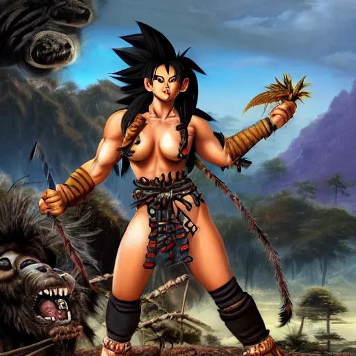 Prompt: barbarian warrior woman with chimera monkey tail, monkey tail, furry tail, barbarian pelt, cavewoman, black hair, electrified hair, wild spiky black saiyan hair, surrounded by electrical aura, prowling around primeval jungle, palm trees, rocks, mountains, red sky, hyperdetailed, ultra high definition, realism, 4 k, frank frazetta