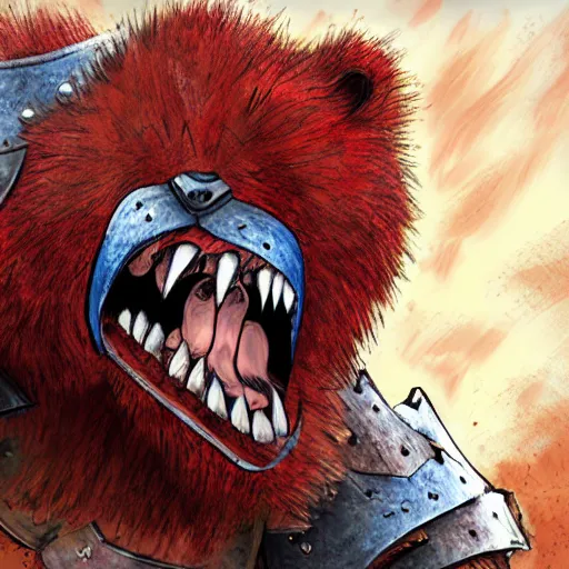 Prompt: angry red bear wearing armor attacking a foe, realistic art style