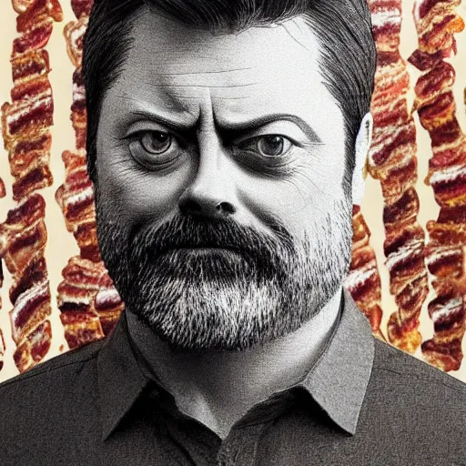 Image similar to Nick offerman made of bacon, highly detailed, sculpture