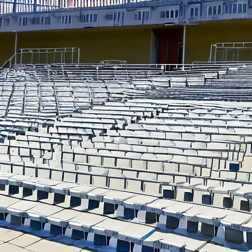 Prompt: a set of bleachers, with bottles of bleach stacked neatly on the benches