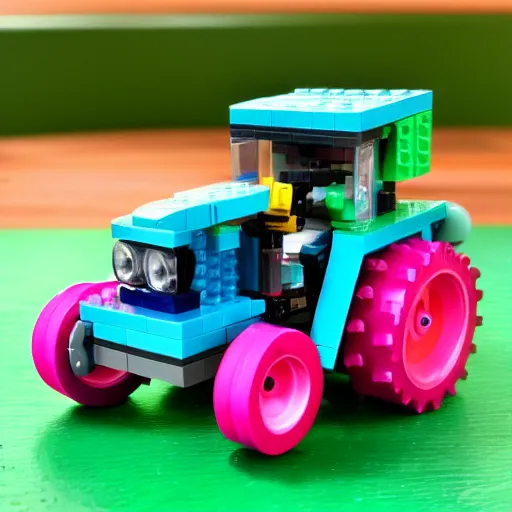 Prompt: green blue and pink Lego tractor