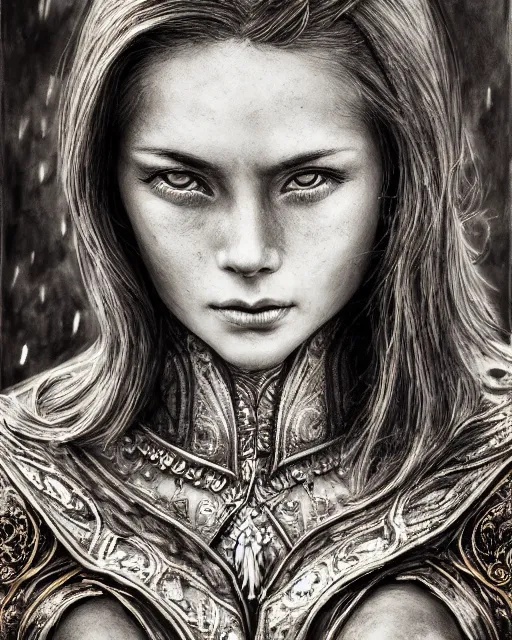 Image similar to ink wash painting portrait of woman in shining golden armor, high production value, intricate details, high resolution, hdr, high definition, masterpiece, realistic, ultrarealistic, highly detailed, hd, sharp focus, non blurry, sharp, smooth