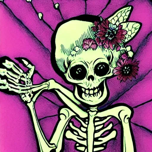 Prompt: Skeleton tinker bell, horror, skull, flowers, scary, Drawn by Pixar