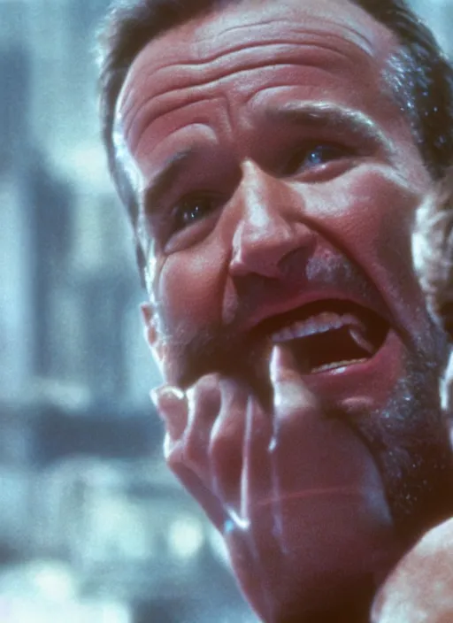 Image similar to film still of Robin Williams as John McClane in Die Hard, 4k