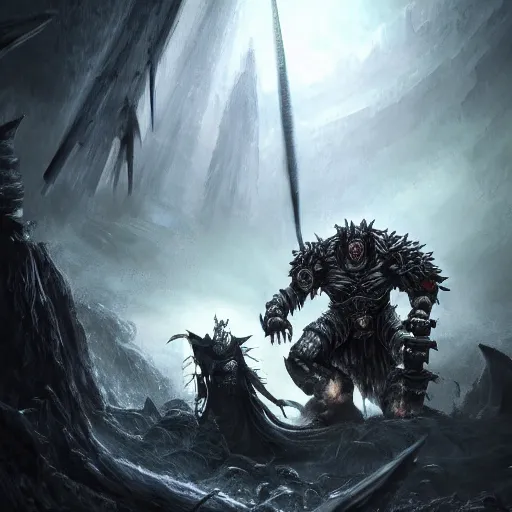 Prompt: Photo of a horrified human champion approaching a giant evil sentinel king wielding a mythical blade in the abandoned ruins, terror, hysterical, horrifying, digital art, destruction, the void, ominous, crown, fear, very detailed, trending on artstation, intricate details, high definition, 16k, Artstation, by John Wallin Libert