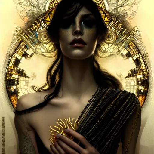 Image similar to extremely psychedelic beautiful cyborg queen of lsd infected by night. intricate, elegant, highly detailed, extremely lifelike photorealistic digital painting, artstation. steichen, gaston bussiere, tom bagshaw, cyberpunk alphonse mucha. elegant minimalism. anatomically correct. sultry rage. sharp focus. gold and black, white accents. lifelike