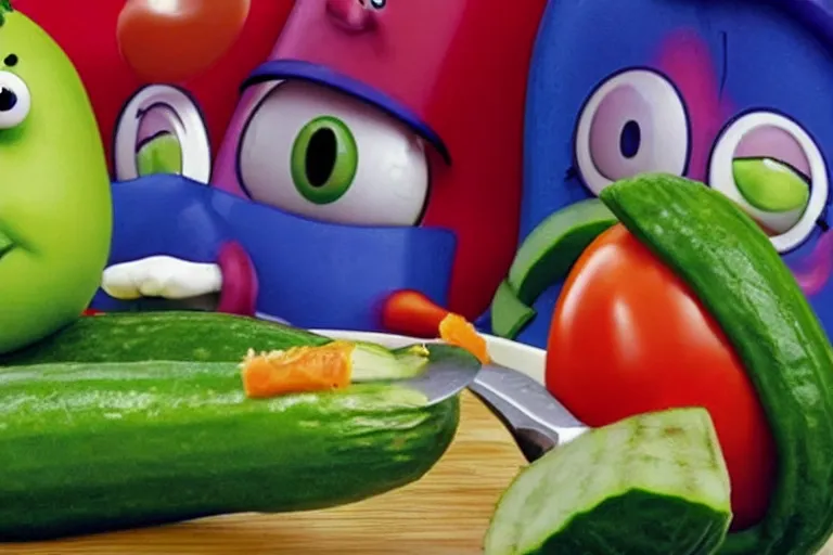 Prompt: still image from an episode of veggietales where bob the tomato chops up larry the cucumber with a big knife