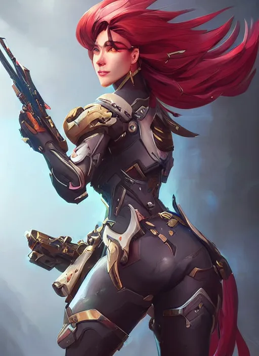 Prompt: beautiful new character for overwatch, full body armor, dual wielding swords, super powers, long red hair, intricate design, shiny, art by artgerm and greg rutkowski