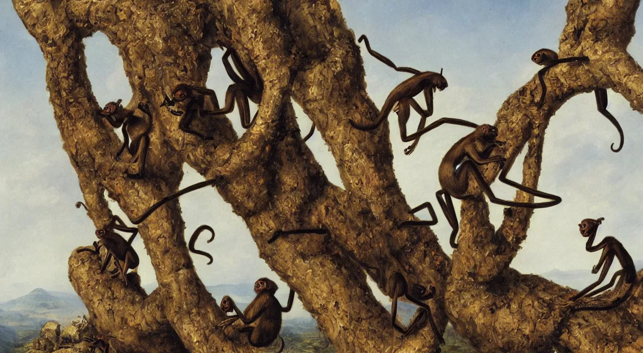 Prompt: a giant ant of monkeys, by most renowned artist of the romanticism, hiperrealism,