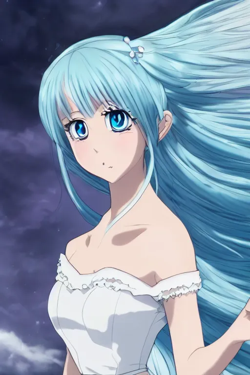 Prompt: Beautiful portrait of a princess in a white dress, anime style, 8K, cinematic, in the style of Studio Trigger manga, and shonen manga, dark beauty, light blue eyes like Junji Ito