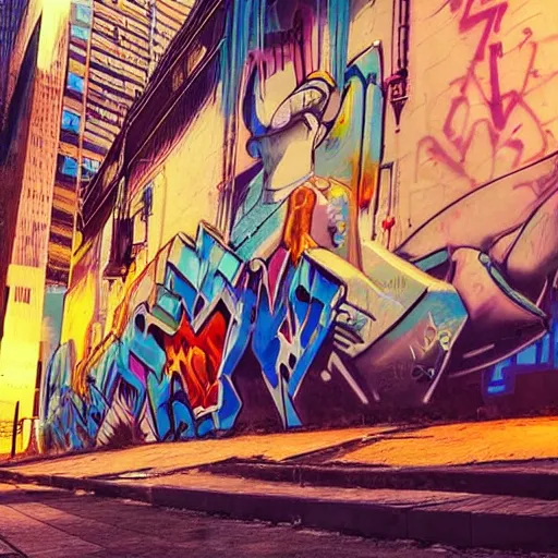 Image similar to beautiful graffiti on a wall, cyberpunk city, happy mood, futuristic, high detail, sunset, photorealistic