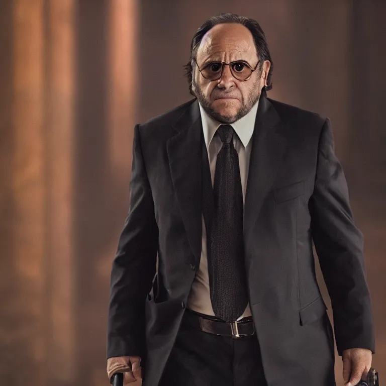 Image similar to Danny DeVito as John Wick , cinematic lighting, photorealistic image, 8k, ultra detailed, high resolution,