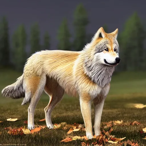 Prompt: professional stylized full - body digital art of a side profile of a tibetan wolf, light tan fur, fluffy, falling leaves, hd, 8 k, highly detailed, high quality, cute
