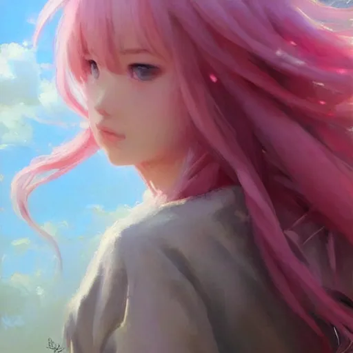 Prompt: painting by krenz cushart!!, portrait of a beautiful girl, pink hair, floating in the clouds, finely detailed features, intricate brush strokes, beautiful lighting, trending on pixiv fanbox.