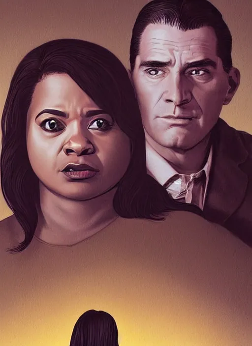 Image similar to psychological thriller I Only Have Eyes For You poster artwork the by Michael Whelan and James Jean, of Octavia Spencer has mysterious man's voice in her head telling her what to do, psychological thriller romance from scene from Twin Peaks, clean, beautifully rendered shaded but simple illustration, nostalgic, domestic, full of details